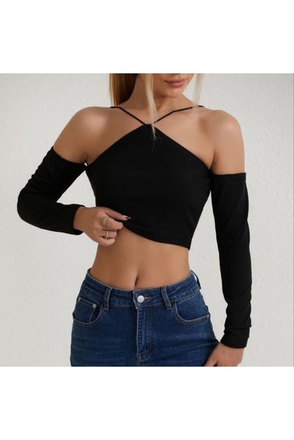 Women's Corduroy 100% Cotton Shoulder Low-Cut Collar Knitted Camisole Long Sleeve Crop Blouse