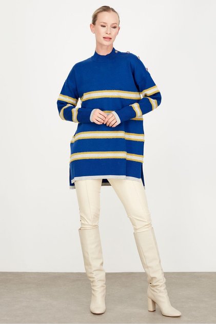 Shoulder button detailed striped tunic Cobalt