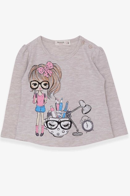 Tricou cu mânecă lungă pentru fetiță Painter Girl cu imprimeu 1-4 ani, bej melange