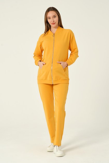 Maternity Zippered High Waist Adjustable Waist 2 Thread Tracksuit Set Yellow