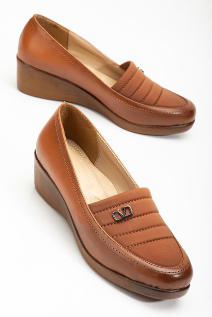 Women's Wedge Heeled Shoes, Tan Stretch Leather, Stitched on the Surface