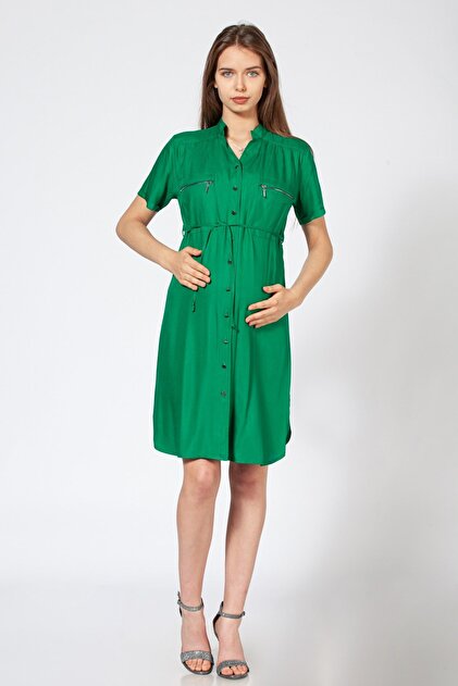 Maternity Front Button Waist Fitted Dress with Pockets Dark Green