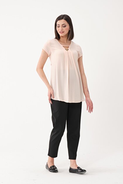 Maternity V-Neck Short Sleeve Chiffon Blouse Pink