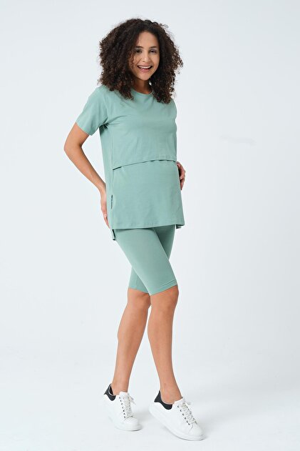 Pregnant Women Breastfeeding Detailed Adjustable Waist Short Sleeve Leggings Set Çağla