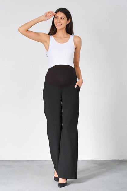 Pregnant Flexible Abdominal Banded Waist Adjustable Wide Leg Gabardine Trousers Black