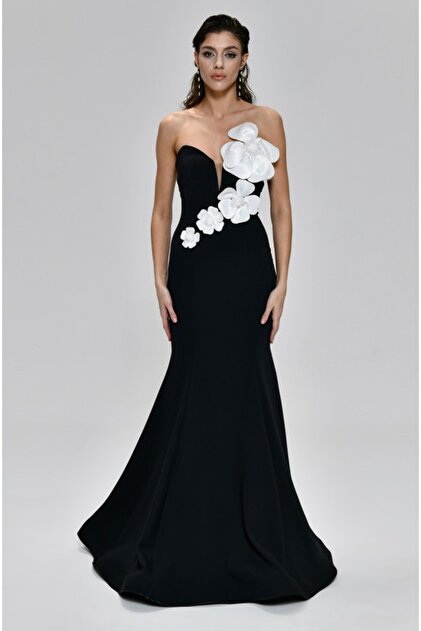 TIAH Flower Detailed Fish Long Stylish Evening Dress- Trendyol