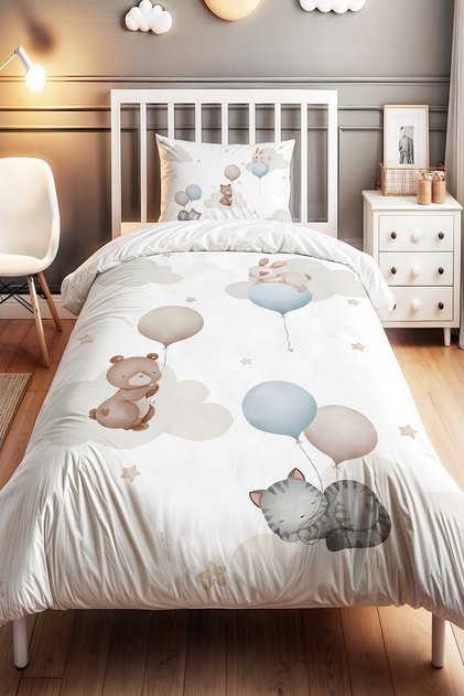 Creamy Blue Balloons Animals Patterned Single Baby Kids Bedding Set