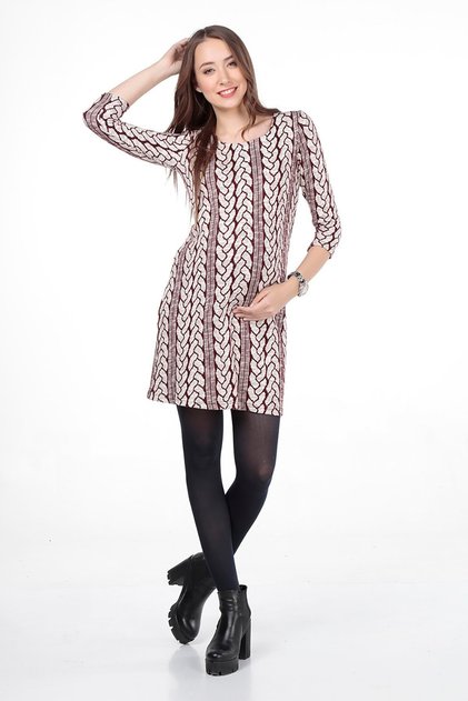 Maternity Houndstooth Patterned Panel Daily Dress Claret Red