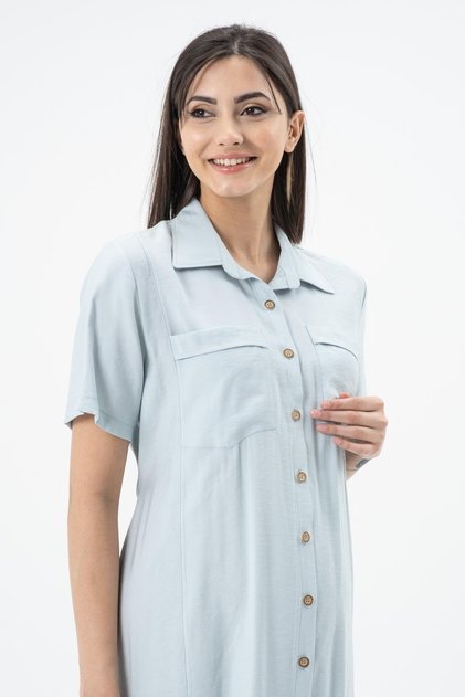 Maternity Midi Dress with Elastic Back, Button Front, Short Sleeves, Mint Green