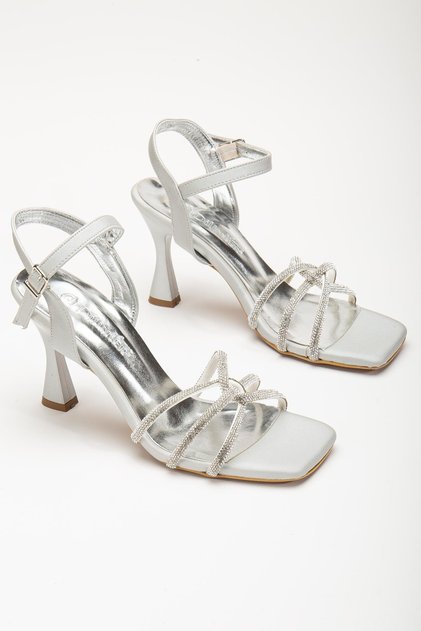 3 Bands Stoned Satin Silver Women's Heeled Evening Dress Shoes
