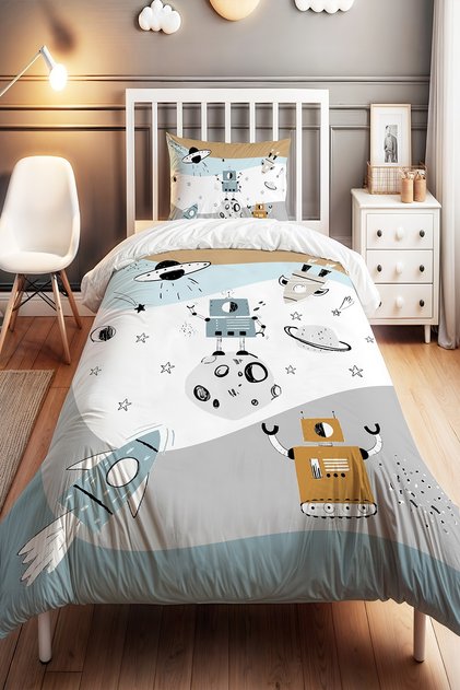 Blue Fun Robot Patterned Single Baby Kids Bedding Set