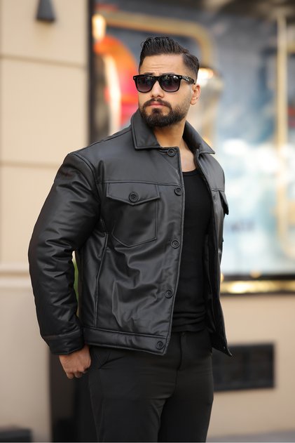 Men's Winter Leather Coat with Chest Pocket Detail