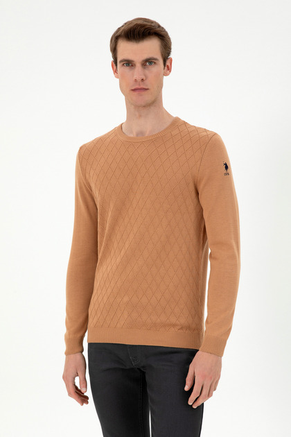 Pulover pentru bărbați slim fit guler rotund Camel 50297055-VR015