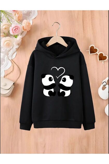 Girl's Black Hooded Heart Panda Printed Sweatshirt
