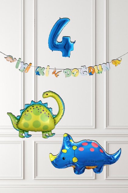 Dinazor Tema Doğum Günü Balon Süsleme Seti Bannerlı Mavi Yaş Balonlu Dinozor Balon Paketi