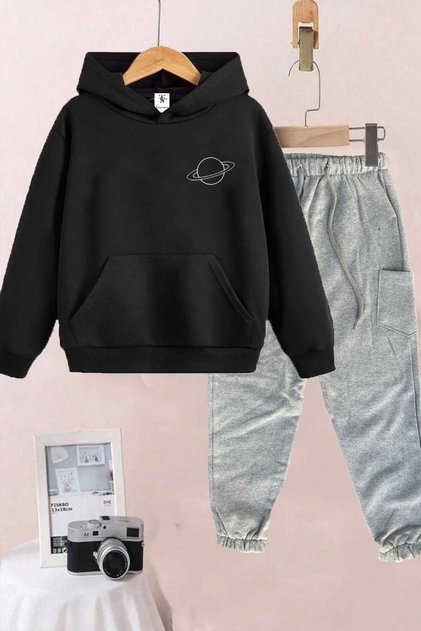 Saturn Printed Hooded Fleece Inside Unisex Black Children's Tracksuit Set