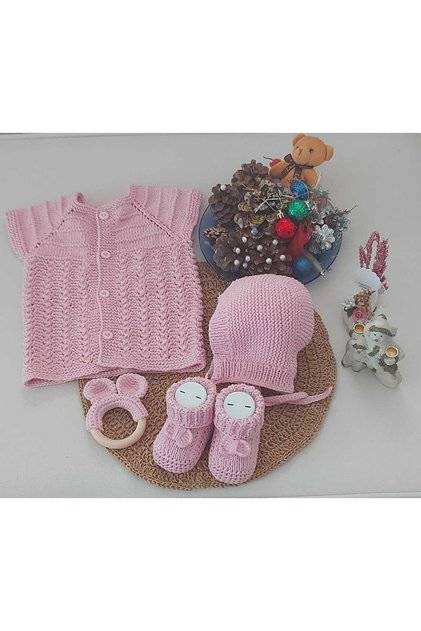 Pembe Yenidoğan Hediyelik Bebek El Örgü Pamuk Yelek Lora Şapka Patik Diş Kaşıyıcı Dörtlü Takım