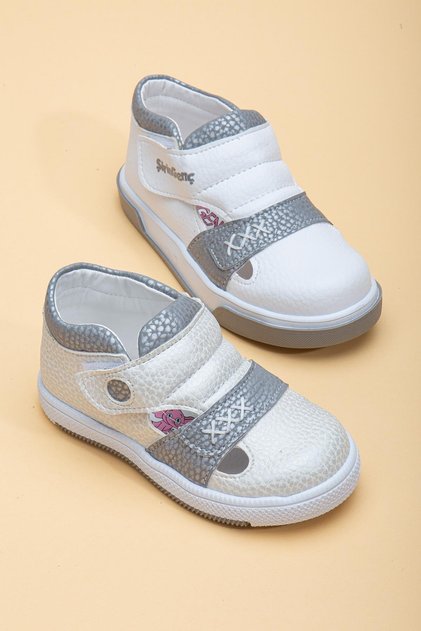 Şirinbebe Şiringenç Stitching Detailed White Girl's İlkadım Baby Kids Shoes with Two Velcro