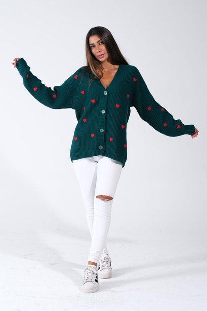 Women's Green Heart Embroidered Buttoned Bohemian Knitwear Cardigan