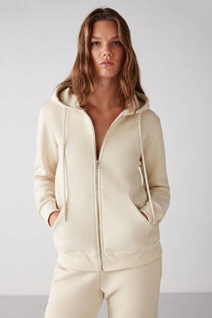 Carlota Women's Soft Fleece 3 Thread Relaxed Hooded Zippered Vanilla Sweatshirt