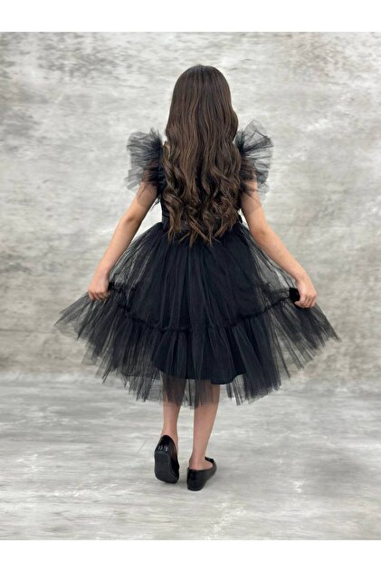 basic black mini dress Black Tulle Tutu Dress with Long Train Skirt for Rockabilly Girls, Kid   AmimamiDoll