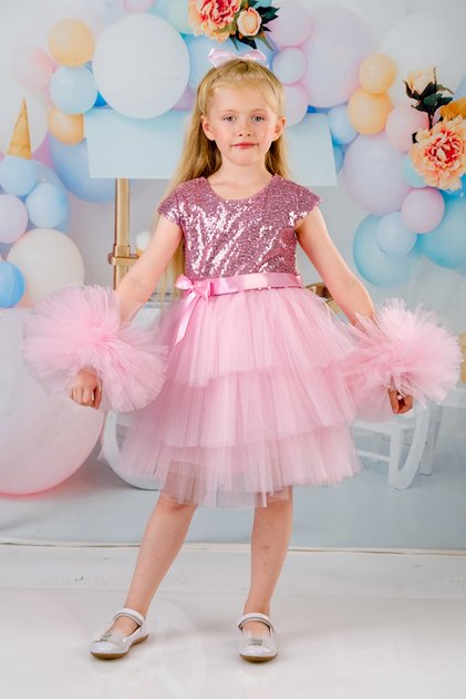 Girl's Pompom Sleeves Evening Dress Birthday Dress Pink