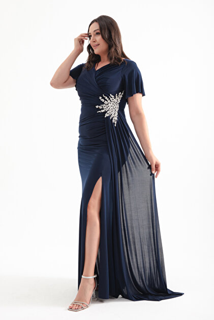 Marineblaues, schmal geschnittenes, zweireihiges Abendkleid mit Steinkragen für Damen in Übergröße
