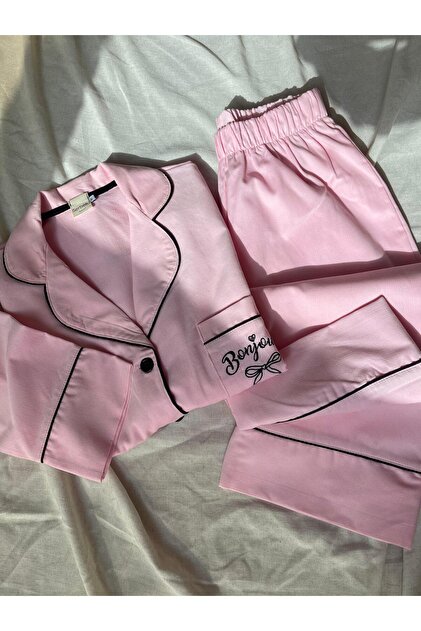 Pink Bonjour Embroidered Woven Corded Pajama Set