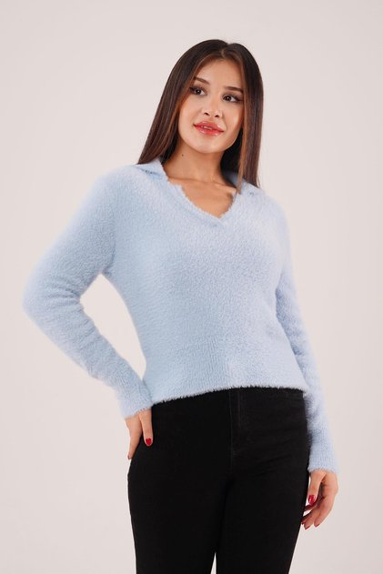 Polo Collar Soft Bearded Baby Blue Sweater