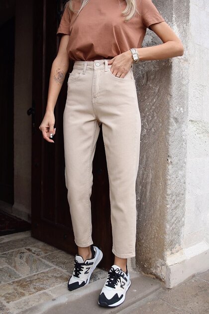 By-6086 Jeans Cream High Waist Mom Skinny Leg Jeans