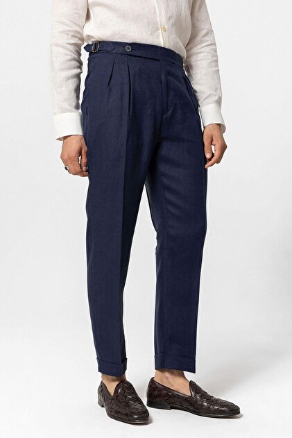Antioch Navy Blue High Waist 100% Linen Pleated Men's Trousers