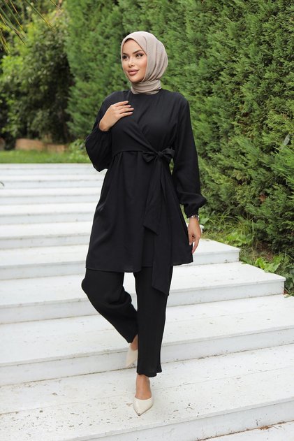 Set Hijab Negru cu Legături Laterale