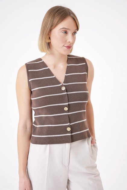 Women's Gold Buttoned Standard Fit Striped Textured Knitwear Vest Brown-Mink 25W3010