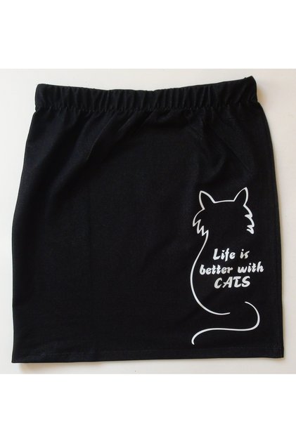 Cats Above-Knee Skirt / Black / Denim Texture