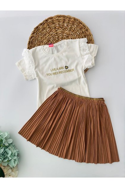 Girl's Suede Pleated Mini Suit with Skirt - Brown