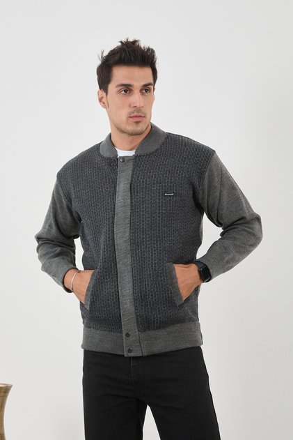 Men's New Season Hakim Collar Lined Knitwear Coat Zippered Patterned Steel Knit