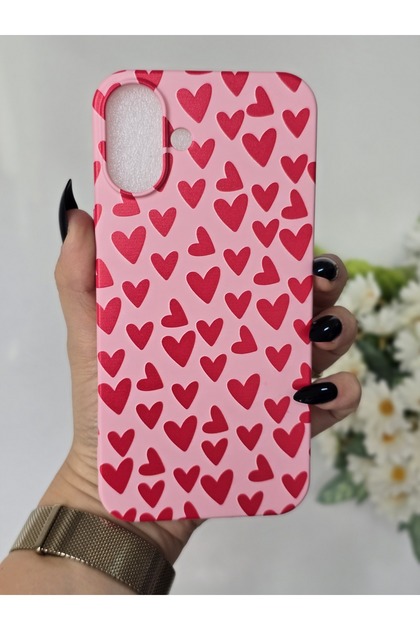 Iphone 16 PLUS Uyumlu İçi Kadife Lansman Kalp Baskılı Kılıf