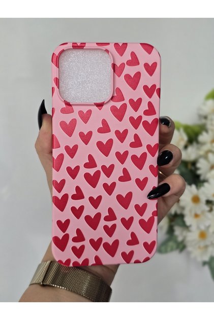 Iphone 16 PROMAX Uyumlu İçi Kadife Lansman Kalp Baskılı Kılıf