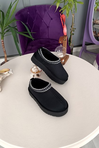 Black Suede Sabo Model Ankle Length with Fur Inside 4cm Eva Sole Women's Boots