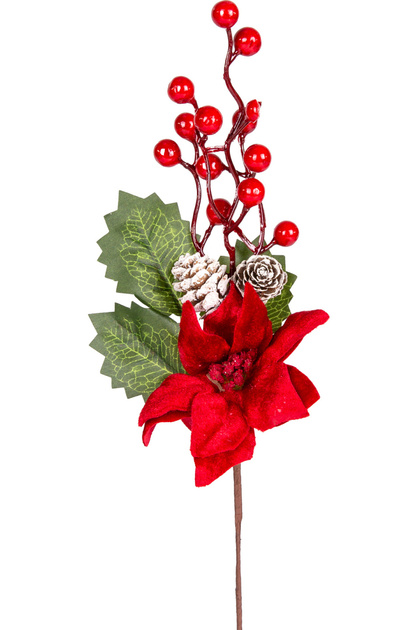 New Year's Flower, Pique Berry, with Poinsettia, Snowy, with Cones, Red-Green - 30 cm