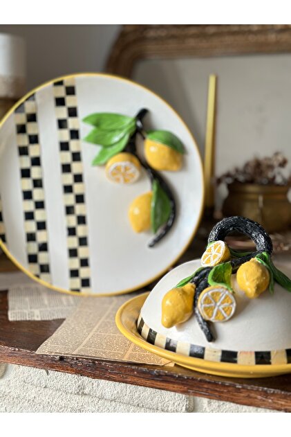Handmadesign Limonlu El Yapımı Boyutlu Kapaklı Seramik Sunumluk