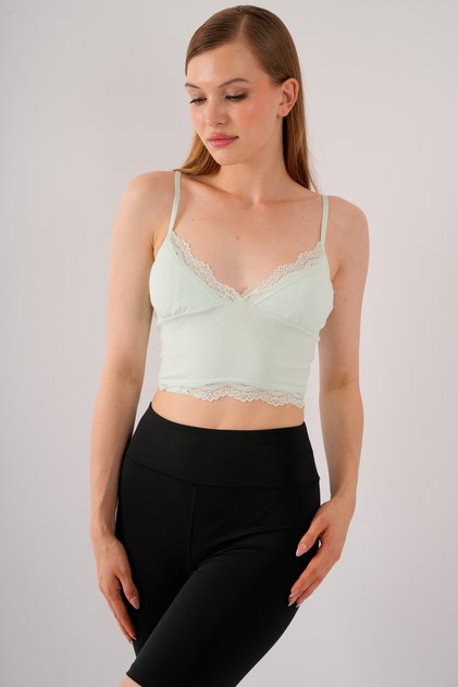 Women's Green Crop Strap Lace Bustier Blouse with Removable Pads