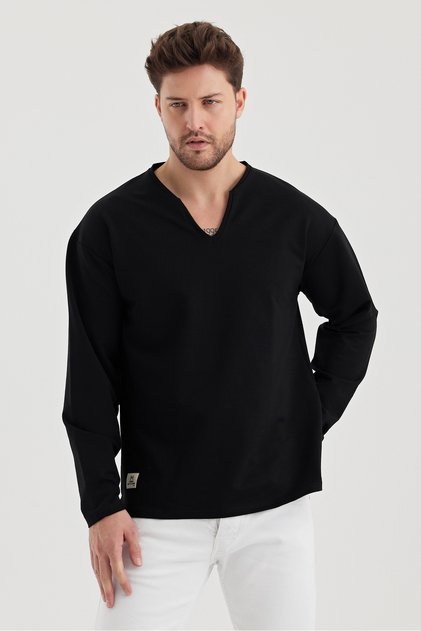 2 İplik Derin Yaka Uzun Kollu Sweattshirt