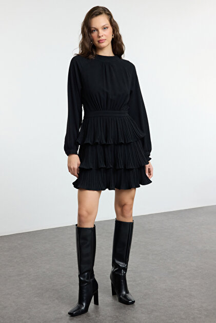Trendyol Collection Pleated Stand Collar Black Mini Skater Dress -  Twoaw25el00253- Trendyol