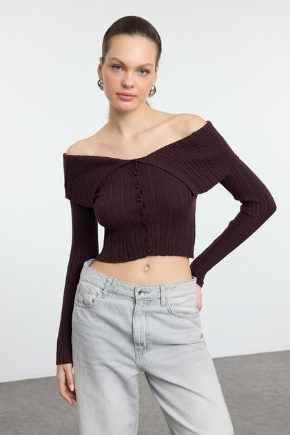 Koyu Kahverengi Crop Premium İplik/Özel İplik Fitted/Vücudu Saran Triko Hırka TWOAW25HI00095