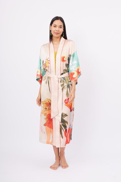 Summer Tıme Long Kımono Baskılı Saten Kadın Uzun Kimono - Çok Renkli