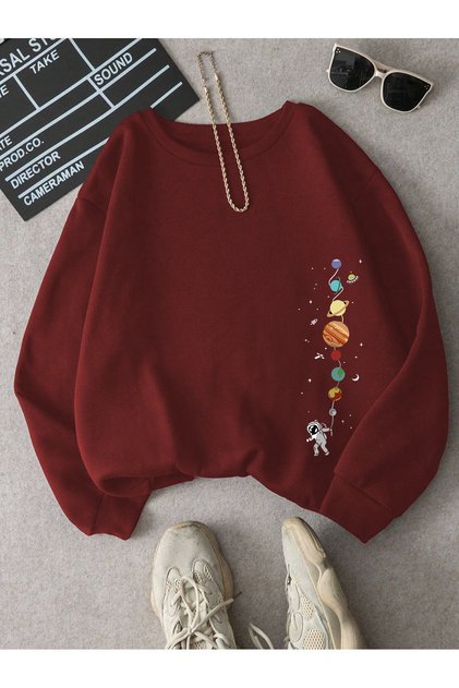 Hanorac oversize unisex cu trei fire, cu imprimeu Astronaut și Planetă, roșu