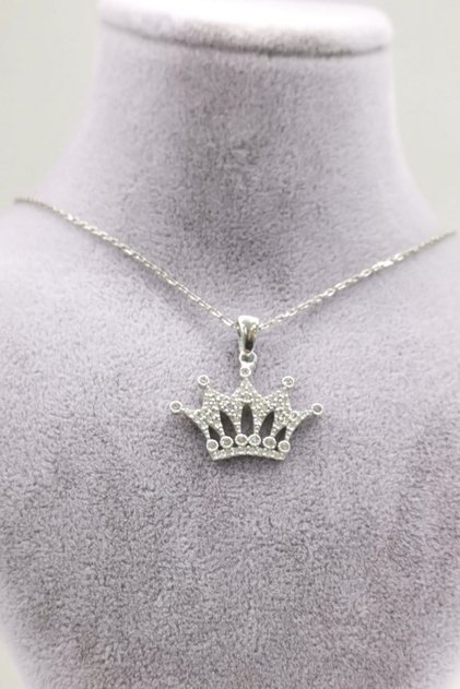 Silver Kadın Kraliçe Taç Model Zirkon Taşlı Gümüş Kolye