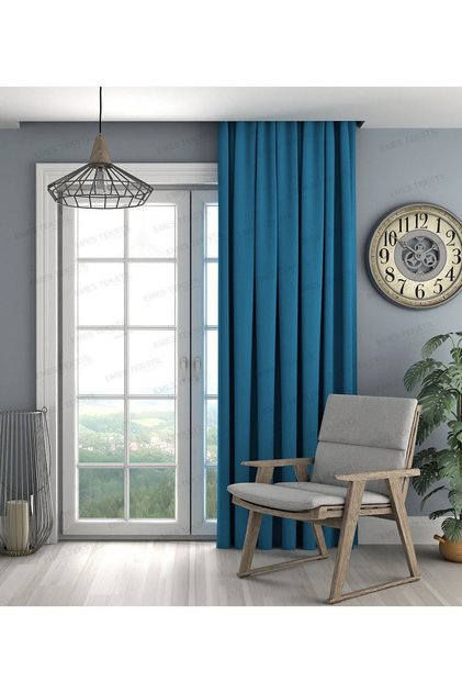 Petrol Blue Background Curtain,Velvet Textured Background Curtain,No Pleated Extrafor Drawstring a Quality,(Single Wing)