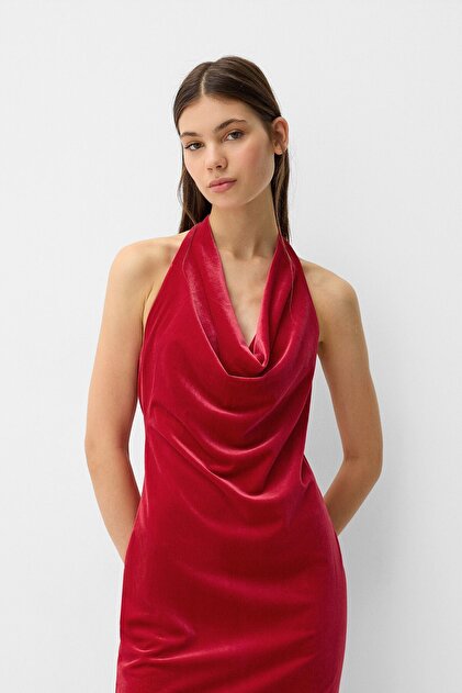 Bershka Velvet Halter Collar Midi Dress- Trendyol